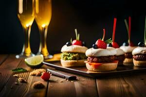 small appetizers with fruit and champagne on a wooden table. AI-Generated photo