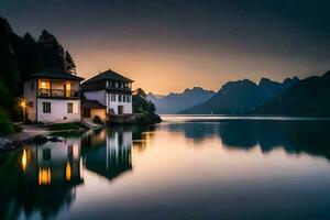 a house sits on the shore of a lake at sunset. AI-Generated photo