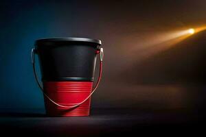 a red and black bucket on a dark background. AI-Generated photo