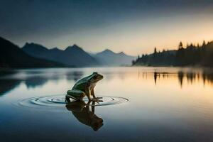 a frog sitting on the edge of a lake at sunrise. AI-Generated photo