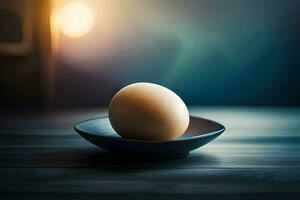 an egg on a plate in front of a light. AI-Generated photo