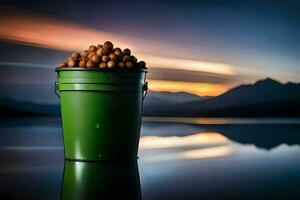 a bucket filled with nuts on a lake at sunset. AI-Generated photo