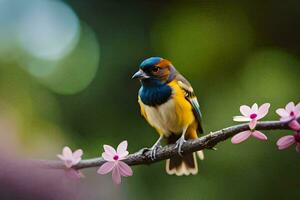 a colorful bird sits on a branch with pink flowers. AI-Generated photo