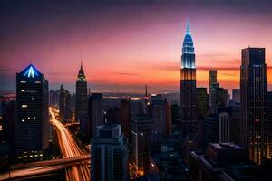 el ciudad horizonte a puesta de sol con el petronas torre en el antecedentes. generado por ai foto