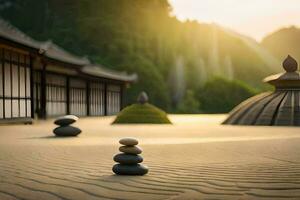 a zen garden with stones and a pagoda in the background. AI-Generated photo