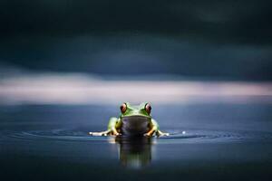 un rana sentado en el agua con oscuro nubes en el antecedentes. generado por ai foto