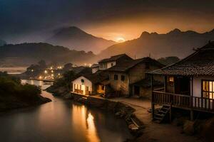 a river in the mountains at dusk with houses and a mountain in the background. AI-Generated photo