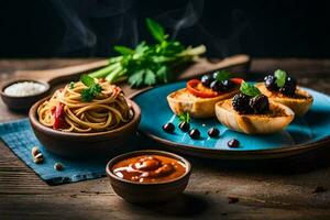 pasta con salsa, un pan y vegetales en un de madera mesa. generado por ai foto