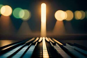 a piano keyboard with lights in the background. AI-Generated photo