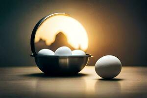 eggs in a bowl with a sun behind them. AI-Generated photo