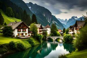 photo wallpaper mountains, house, river, house, house, house, house, house, house. AI-Generated