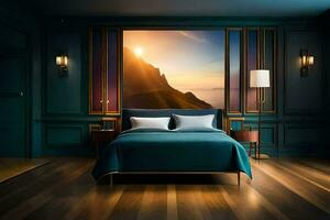 a bedroom with a large wall mural of the sun setting over the ocean. AI-Generated photo