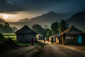 a woman walks down a dirt road in front of a village. AI-Generated photo