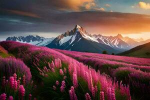 el Dom sube terminado el montañas y el flores floración en el campo. generado por ai foto