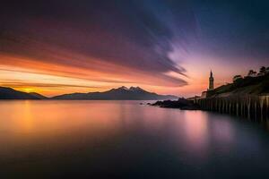 a long exposure photograph of a lighthouse in the distance. AI-Generated photo