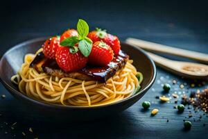 spaghetti with meat and strawberries on a wooden table. AI-Generated photo