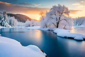 un río en el nieve con arboles y nieve. generado por ai foto