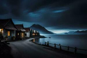 a dark night sky over a small village. AI-Generated photo