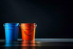 two colorful buckets on a dark background. AI-Generated photo