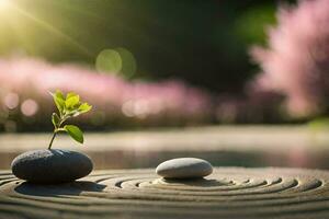 two stones with a plant growing on top of them. AI-Generated photo