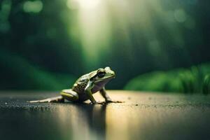 a frog sitting on the ground in front of a green background. AI-Generated photo