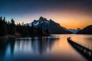 a long pier with mountains in the background. AI-Generated photo