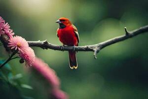 a red bird sits on a branch with pink flowers. AI-Generated photo