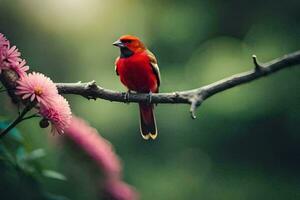 un rojo pájaro se sienta en un rama con rosado flores generado por ai foto