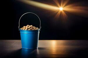 a bucket filled with peanuts on a table. AI-Generated photo