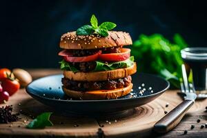 a hamburger on a plate with tomatoes and herbs. AI-Generated photo