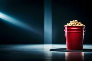 a red bucket filled with peanuts sitting on a dark floor. AI-Generated photo