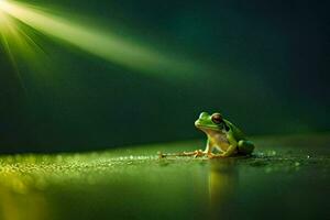 a frog sitting on a green surface with a bright light shining on it. AI-Generated photo