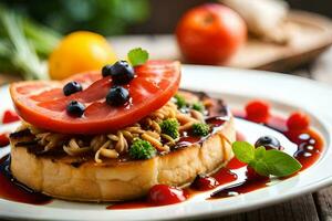 a plate with a grilled cheese sandwich topped with tomatoes and berries. AI-Generated photo