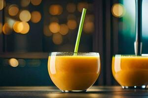 two glasses of orange juice with straws. AI-Generated photo