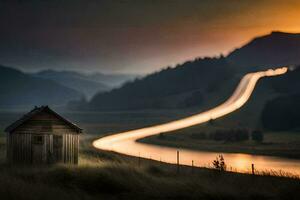 a small house sits on the side of a road with a long exposure of the sun setting. AI-Generated photo
