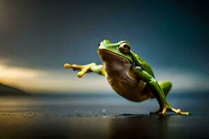 a frog jumping on the ground with its legs spread. AI-Generated photo