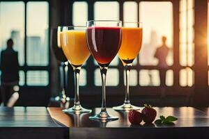three glasses of juice with fruit on a table. AI-Generated photo