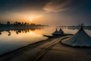 un tienda es sentado en el apuntalar de un lago a amanecer. generado por ai foto