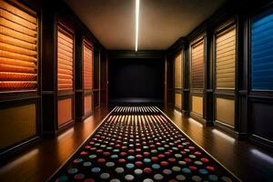 a hallway with a colorful rug and a light. AI-Generated photo