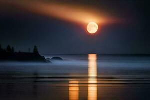 el Luna sube terminado el agua en frente de un bosque. generado por ai foto