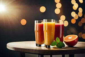 three glasses of juice on a table with a bright light behind it. AI-Generated photo