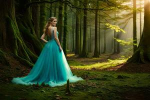 beautiful woman in blue dress in the forest. AI-Generated photo