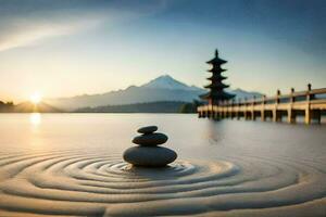 a pagoda in the background with stones in the water. AI-Generated photo