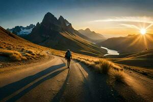 a man walks down a road in the mountains. AI-Generated photo