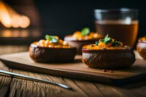 small stuffed potatoes on a wooden cutting board. AI-Generated photo