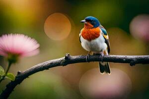 un vistoso pájaro se sienta en un rama con un rosado flor. generado por ai foto