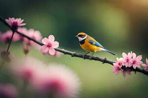 a bird sits on a branch with pink flowers. AI-Generated photo