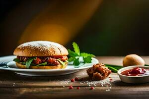 a hamburger with ketchup and lettuce on a plate. AI-Generated photo