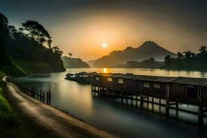 a boat dock sits on the edge of a lake at sunset. AI-Generated photo