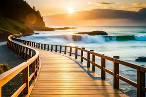 a wooden walkway leads to the ocean at sunset. AI-Generated photo